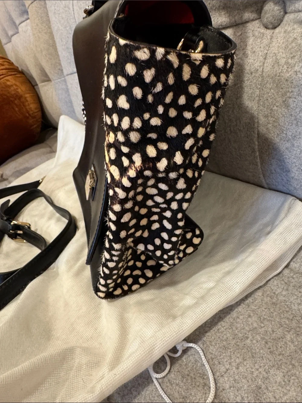 kate spade Black Leather Top-Handle Satchel with Black-and-Cream Spot Sides